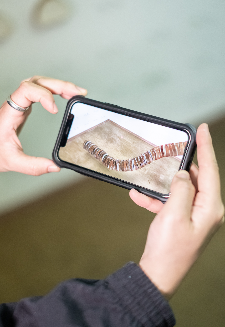 핸드폰을 든 손의 이미지이다. 두 손은 핸드폰의 양 끝을 잡고 화면이 잘 보이도록 들고 있으며 읜손의 검지 손가락에는 두꺼운 은색 반지를 착용하고 있다. 핸드폰 화면에는 빵들이 겹쳐서 이어진 AR이 구현되고 있다.